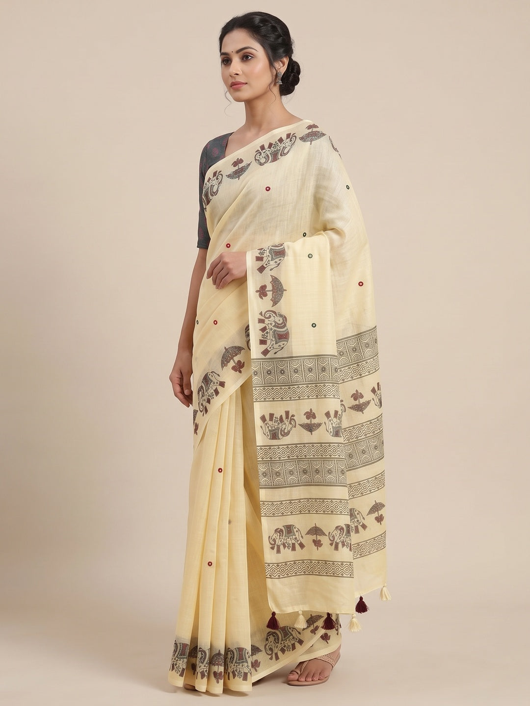 Peachmode Butter Cream Aari Mirror Work Linen Cotton Saree - Image 4