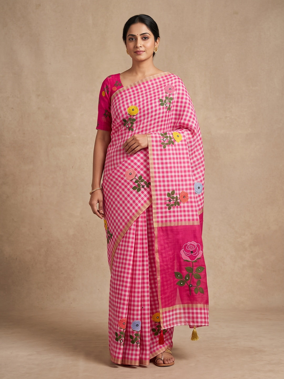 Peachmode Pink Aari Mirror Work Linen Cotton Saree - Image 1