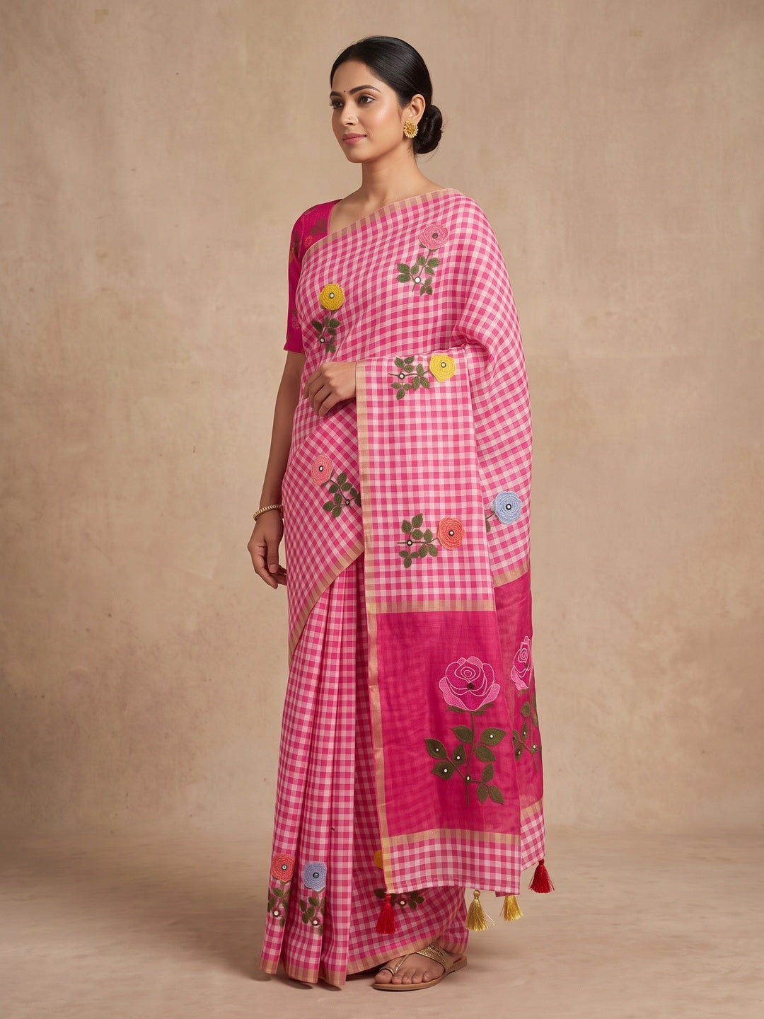 Peachmode Pink Aari Mirror Work Linen Cotton Saree - Image 4