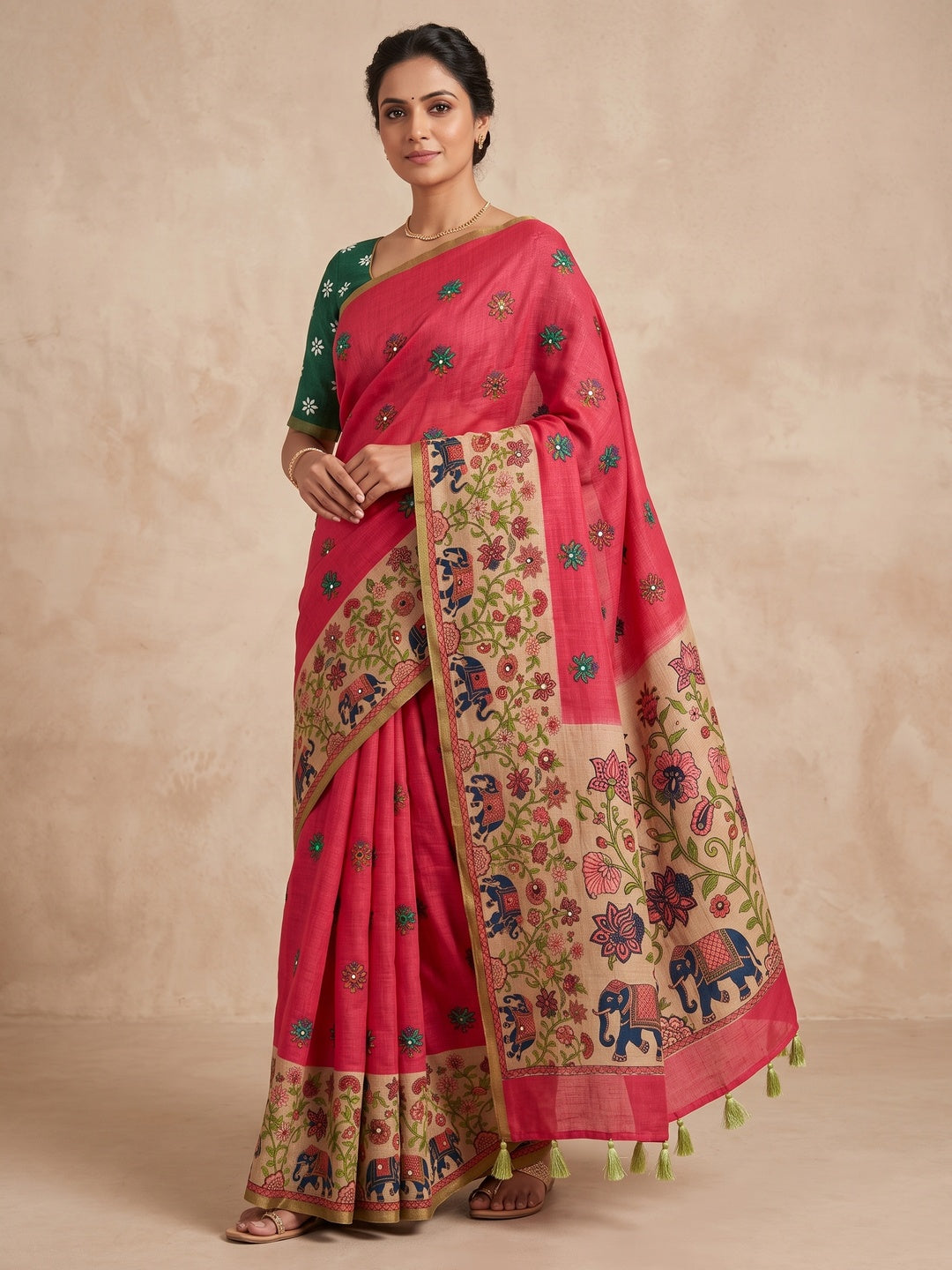 Peachmode Rani Pink Green Aari Mirror Work Linen Cotton Saree - Image 1