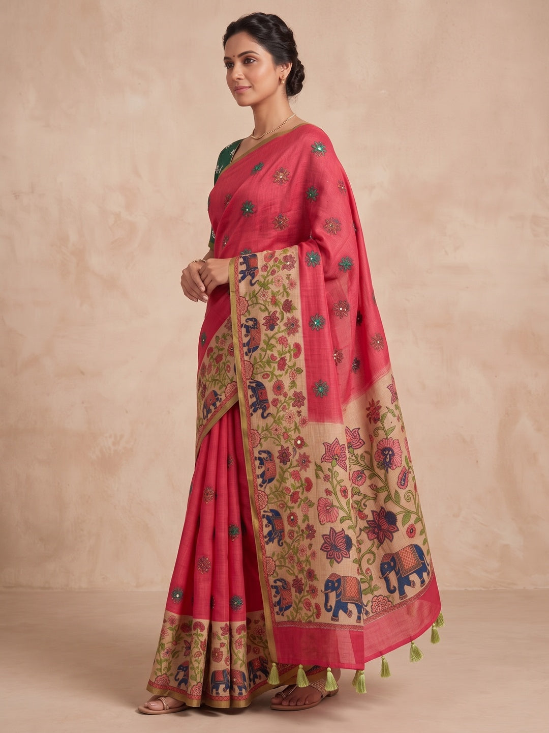 Peachmode Rani Pink Green Aari Mirror Work Linen Cotton Saree - Image 4