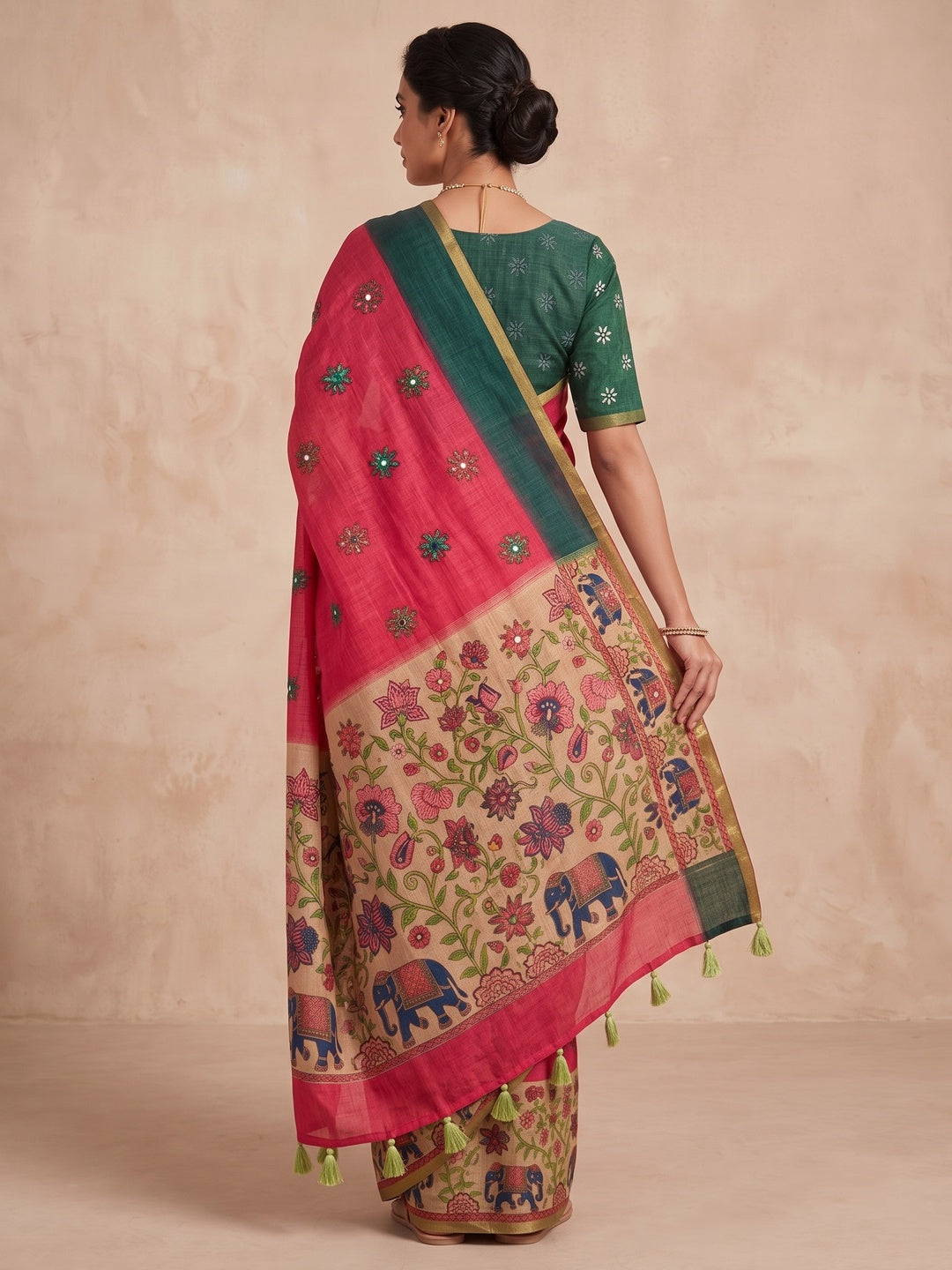 Peachmode Rani Pink Green Aari Mirror Work Linen Cotton Saree - Image 5