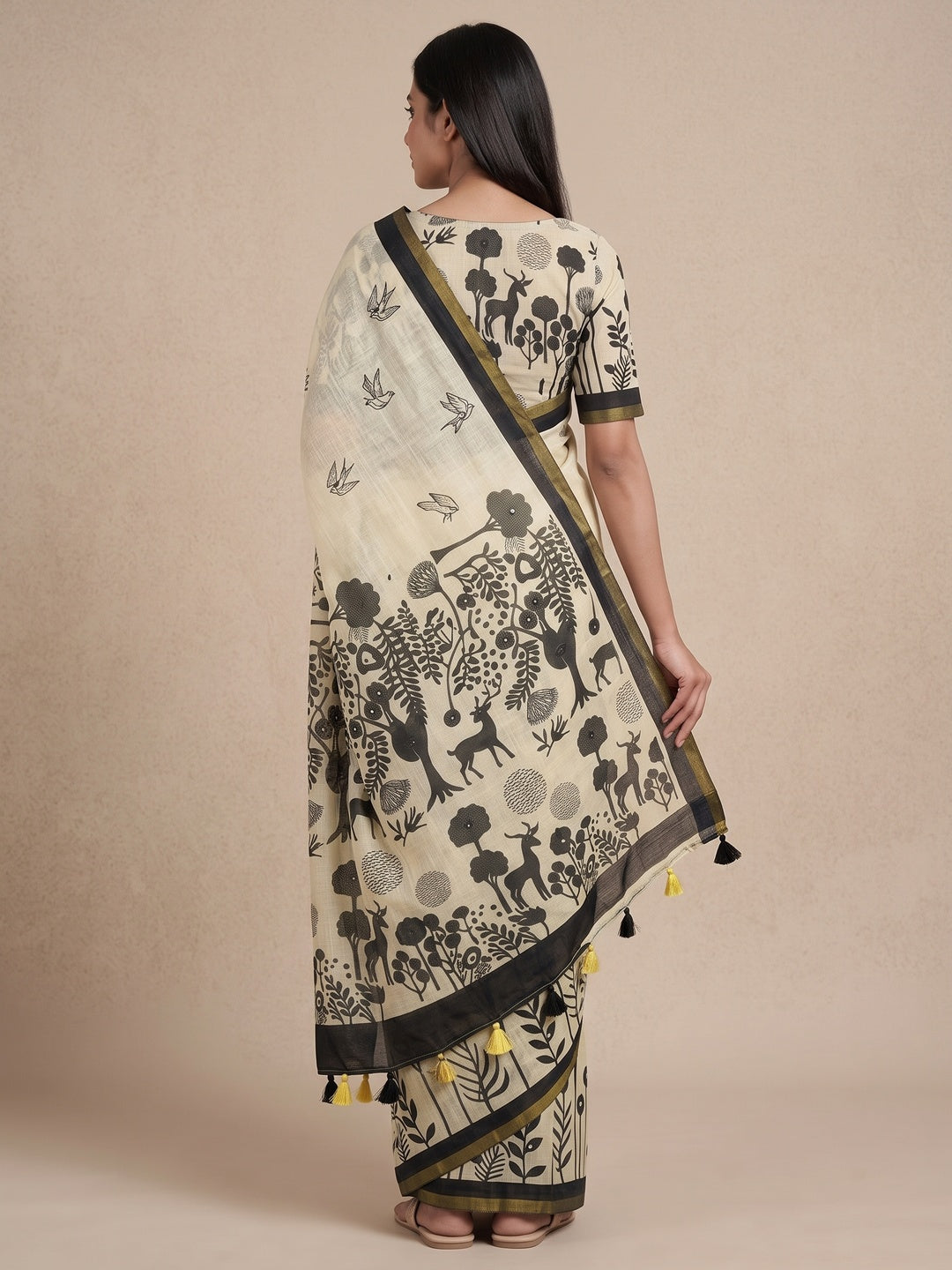 Peachmode Cream Aari Mirror Work Linen Cotton Saree - Image 5