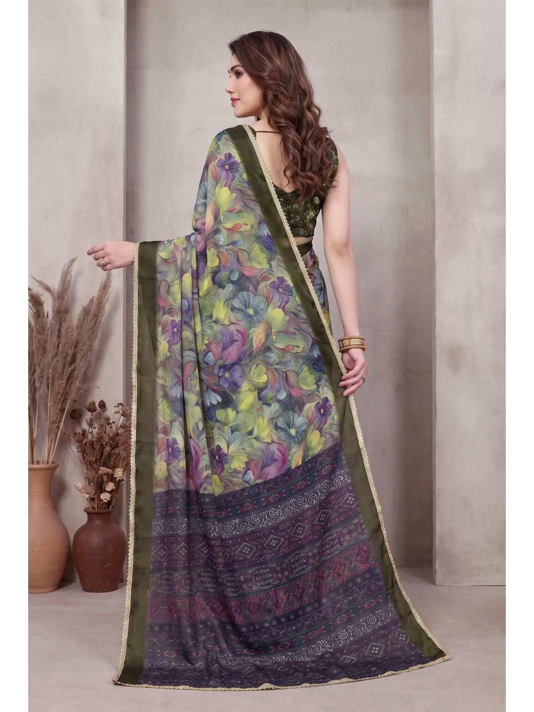 Peachmode Olive Floral Printed Georgette Saree - Image 2