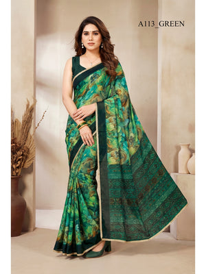 Peachmode Green Floral Printed Georgette Saree - Image 1