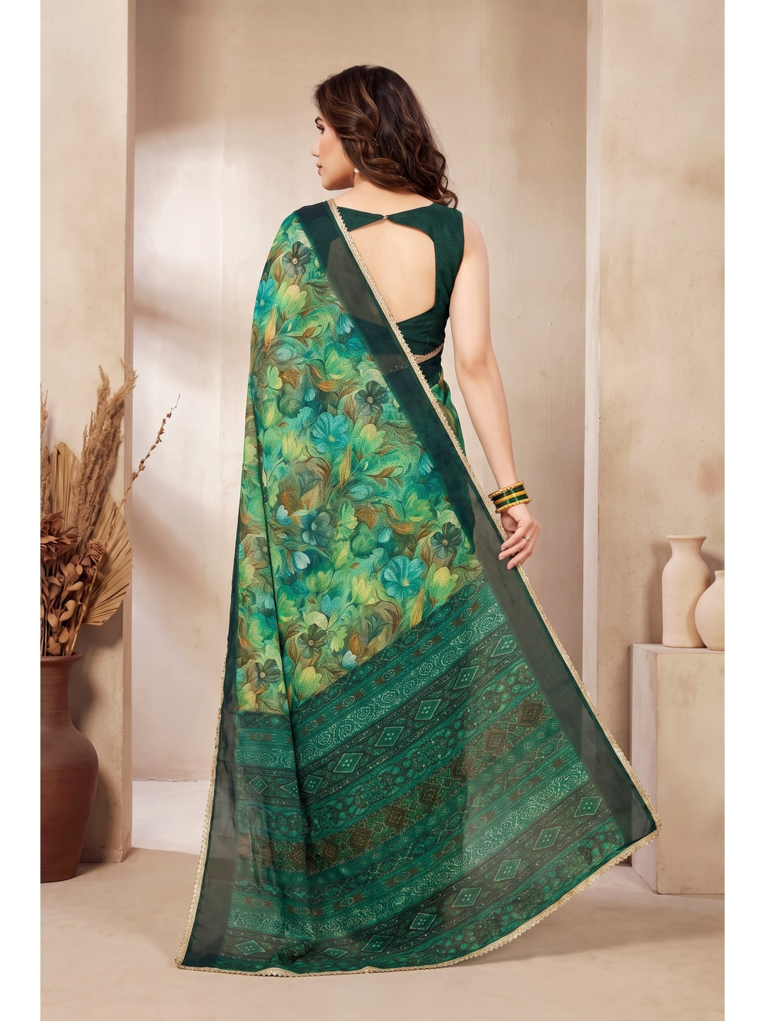Peachmode Green Floral Printed Georgette Saree - Image 2