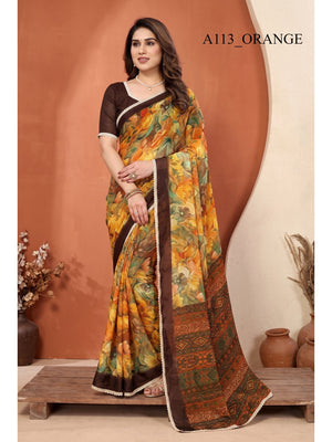 Peachmode Orange Floral Printed Georgette Saree - Image 1