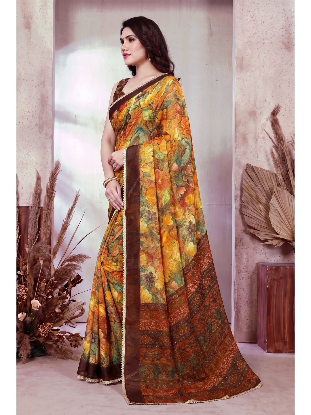 Peachmode Orange Floral Printed Georgette Saree - Image 3