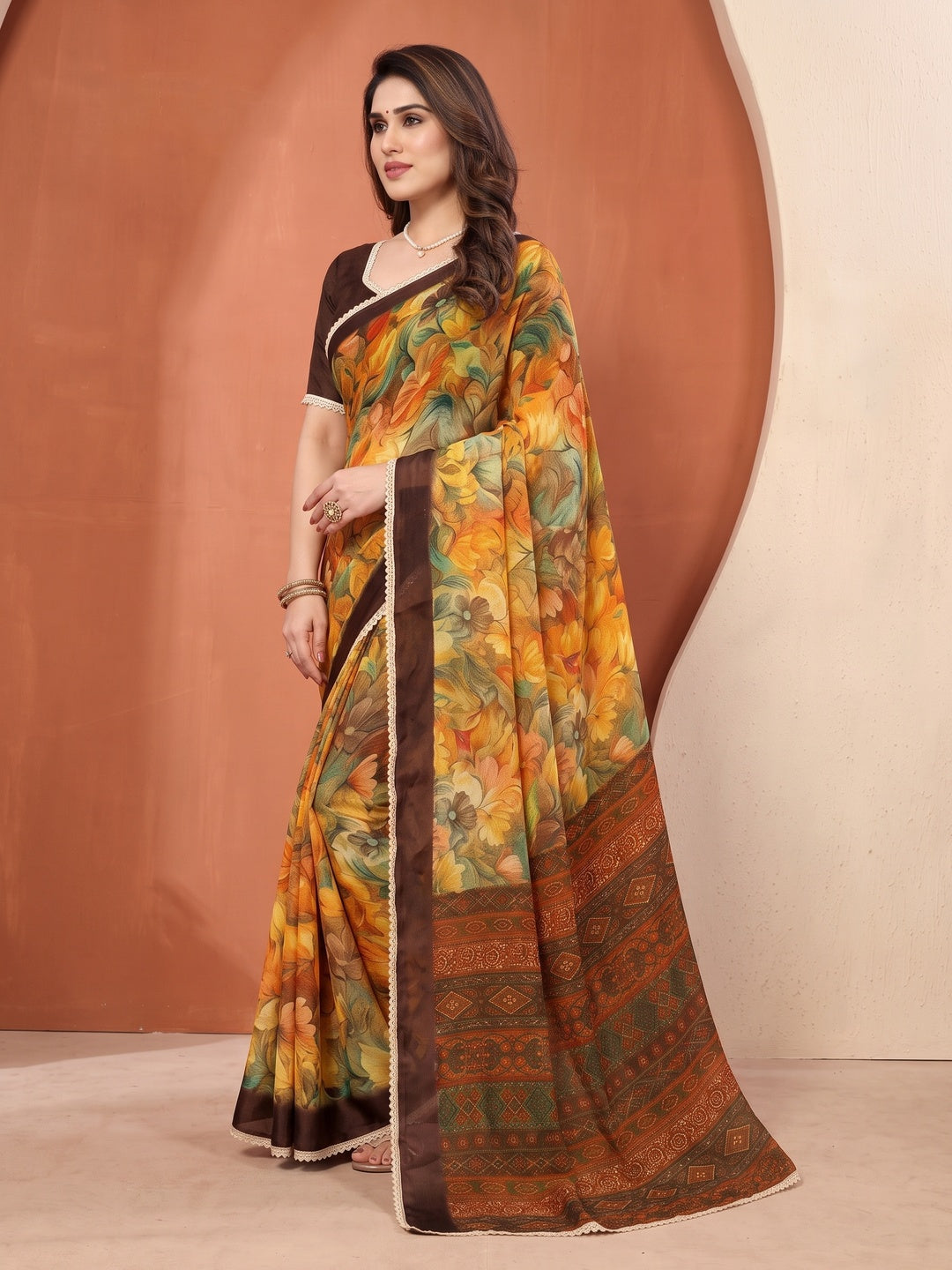 Peachmode Orange Floral Printed Georgette Saree - Image 5