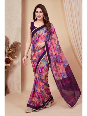 Peachmode Pink Floral Printed Georgette Saree - Image 2