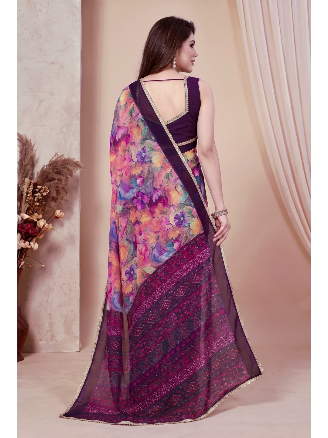 Peachmode Pink Floral Printed Georgette Saree - Image 3