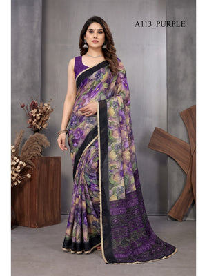 Peachmode Purple Floral Printed Georgette Saree - Image 1