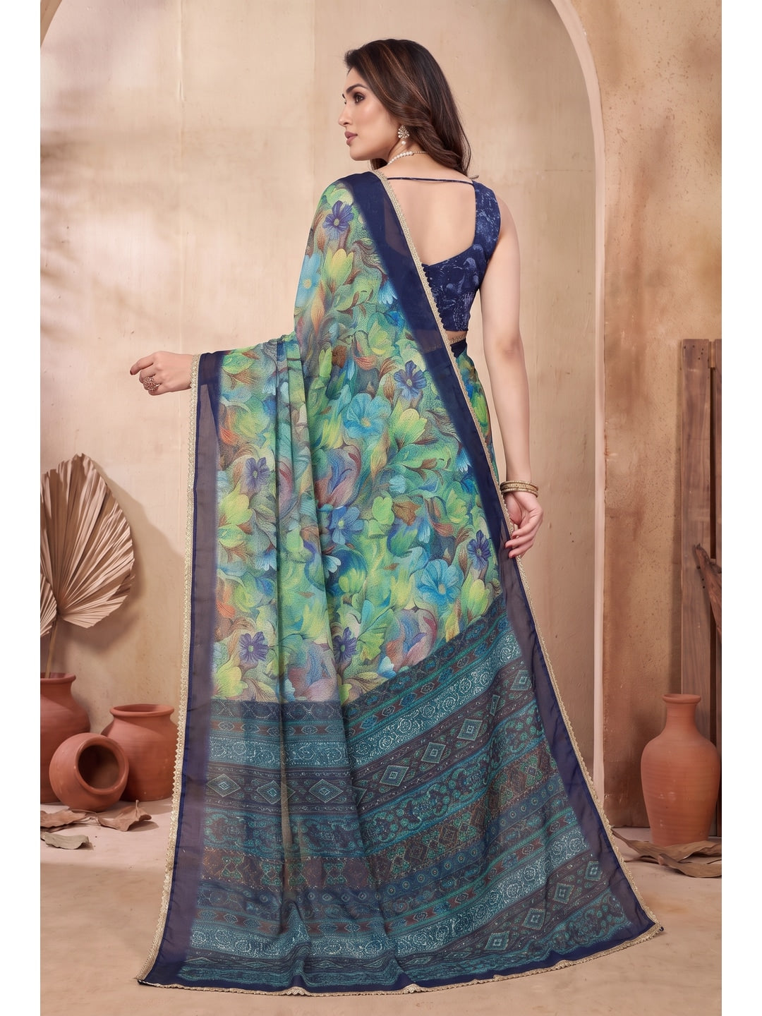 Peachmode Rama Green Floral Printed Georgette Saree - Image 3