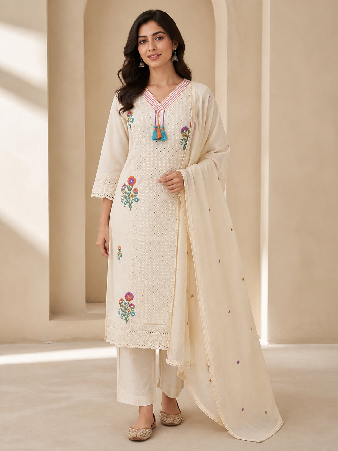 Peachmode Cream Pure Cotton Floral Embroidered Salwar Suit - Image 1