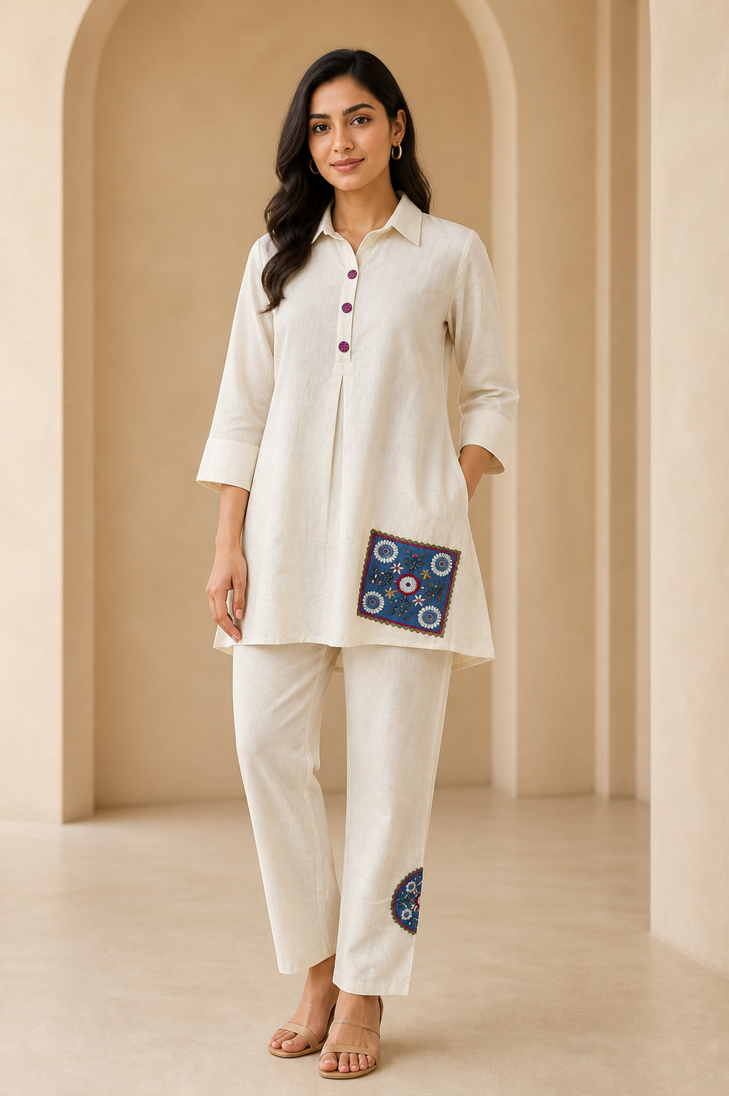 Peachmode Cream Cotton Flex Floral Embroidered Co-ord Set - Image 1