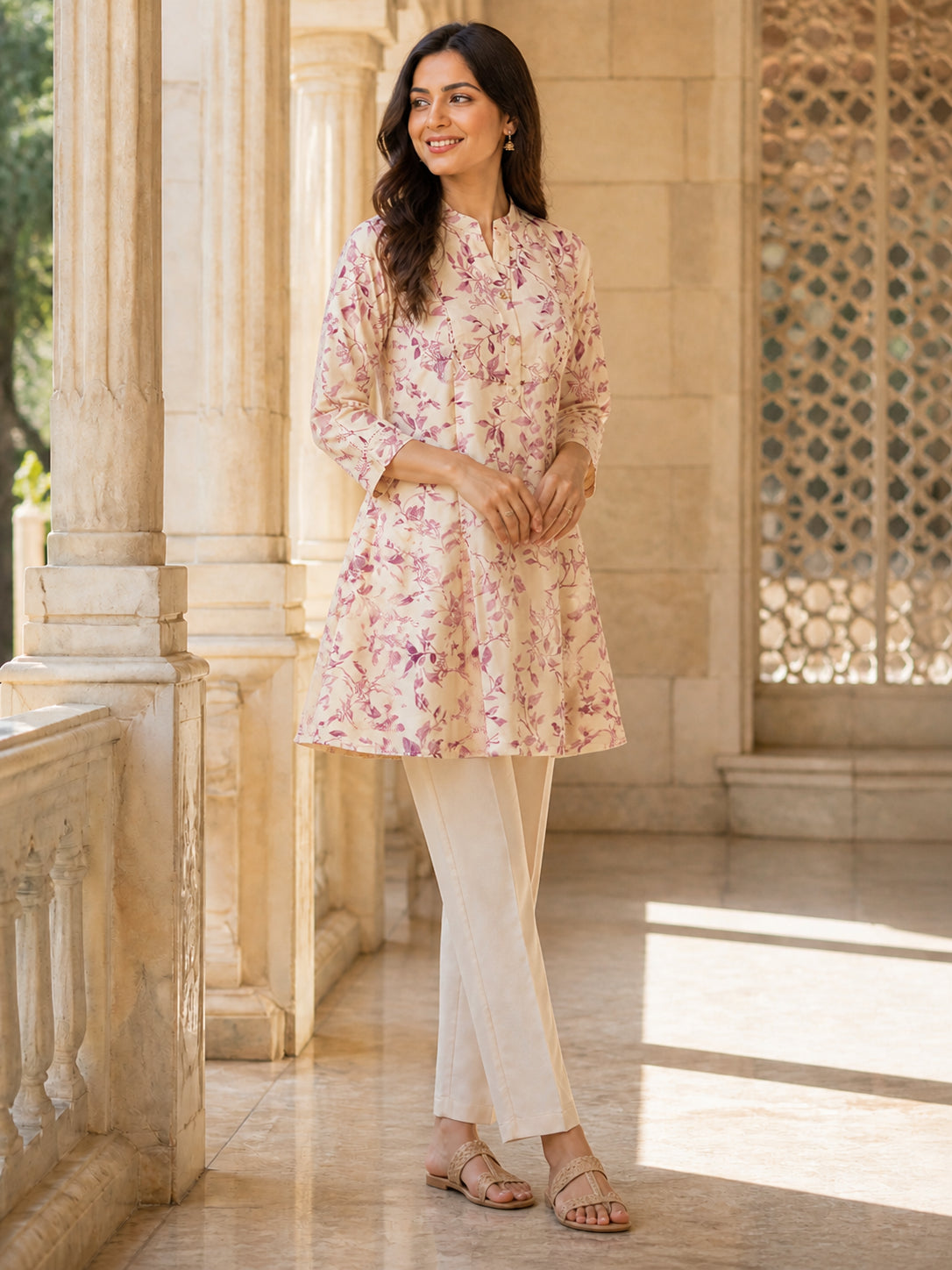 Peachmode Pink Rayon Leafy Floral Printed A-Line Top - Image 3