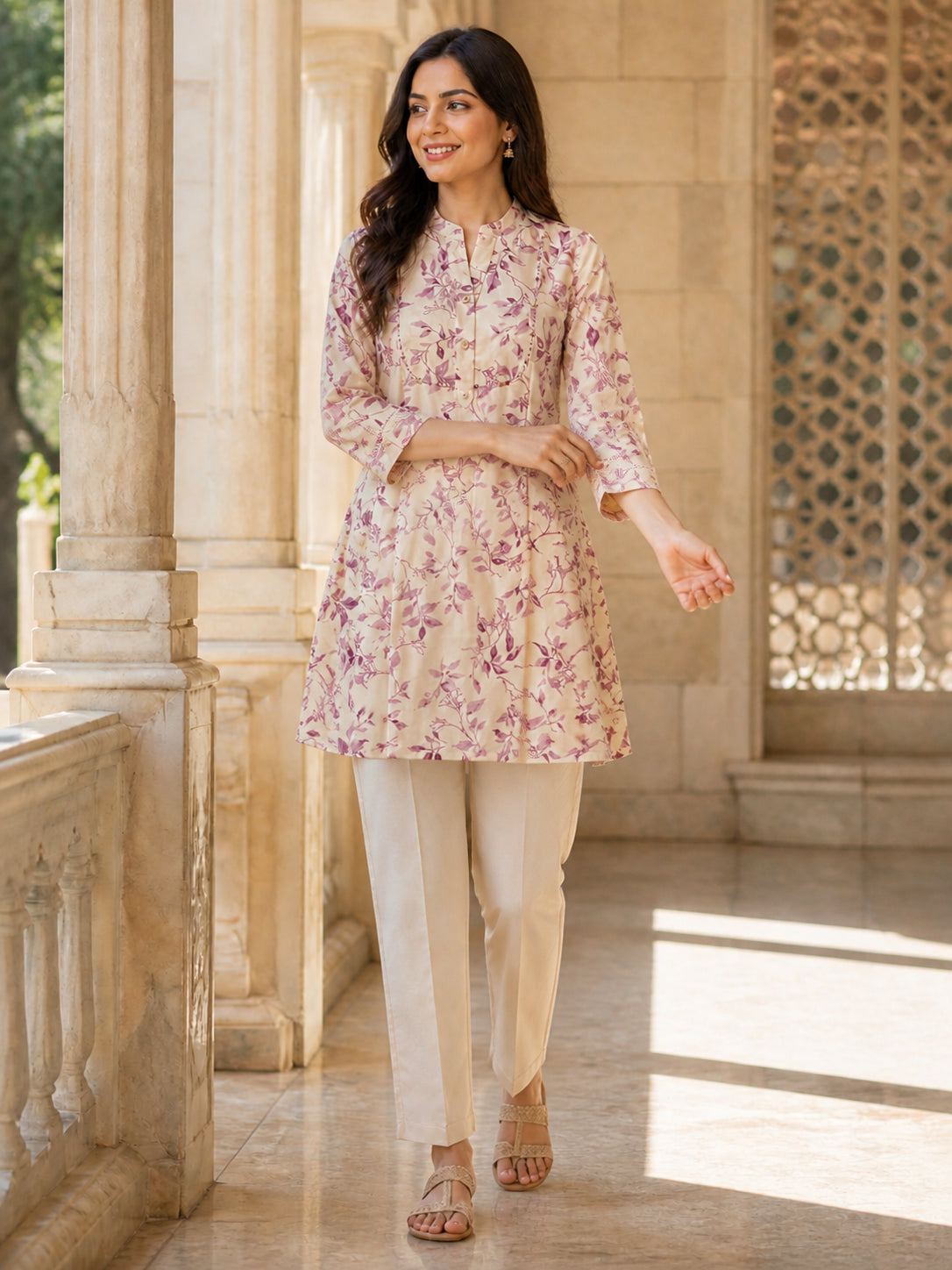 Peachmode Pink Rayon Leafy Floral Printed A-Line Top - Image 5