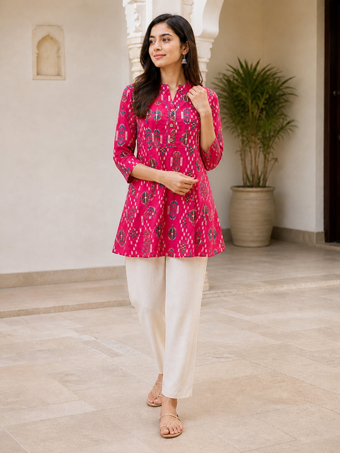 Peachmode Pink Rayon Geometric Printed A-Line Top - Image 5