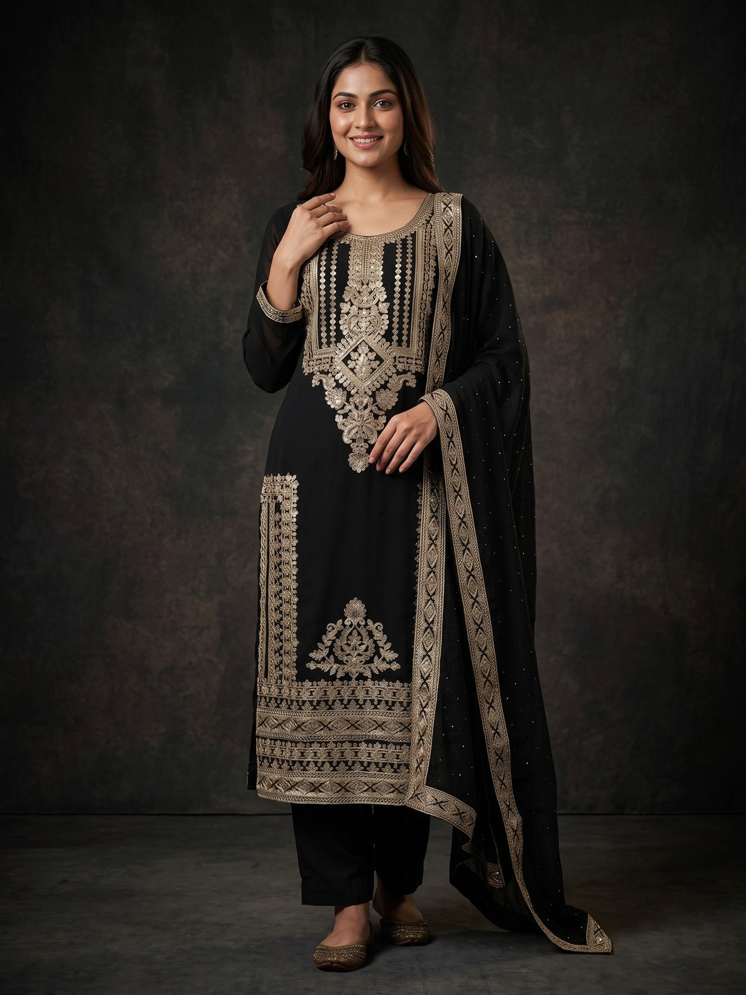 Black Floral Sequins Embroidered Georgette Dress Material - Image 4