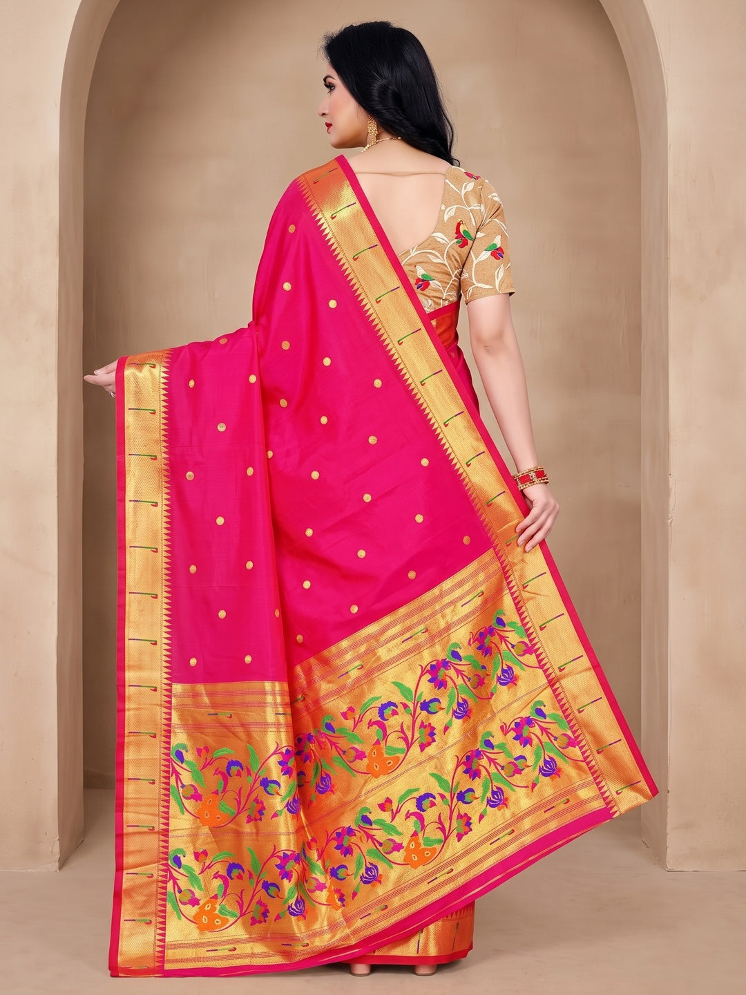 Peachmode Pink Pure Silk Peacock Woven Saree - Image 5