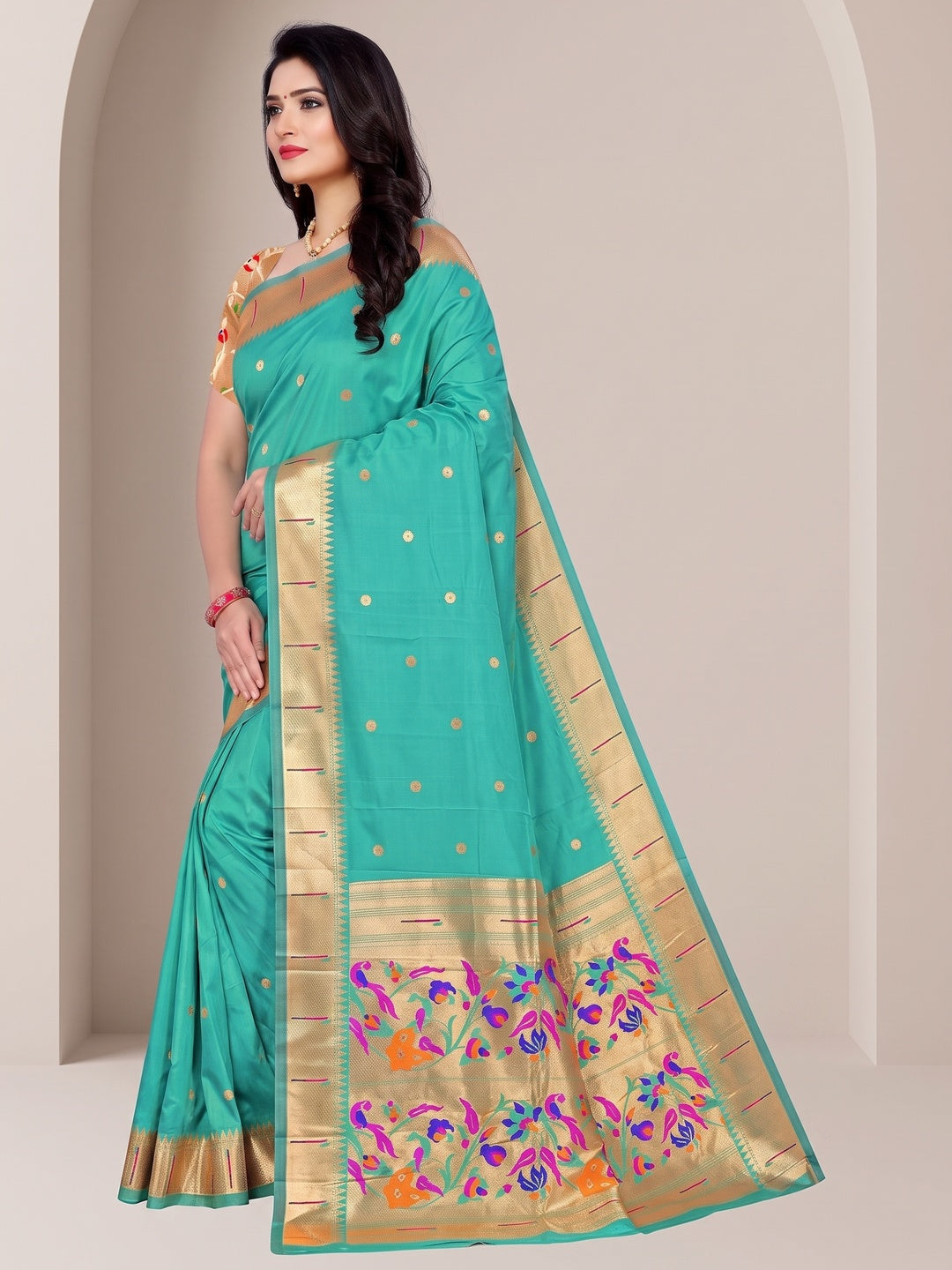 Peachmode Sea Green Pure Silk Peacock Woven Saree - Image 3