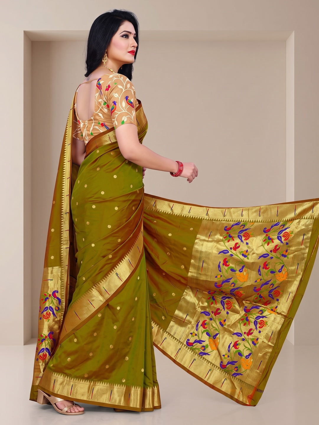 Peachmode Olive Pure Silk Peacock Woven Saree - Image 4