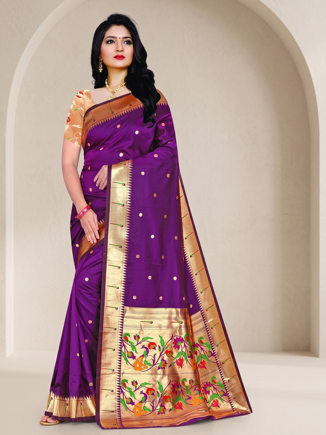Peachmode Purple Pure Silk Peacock Woven Saree - Image 1