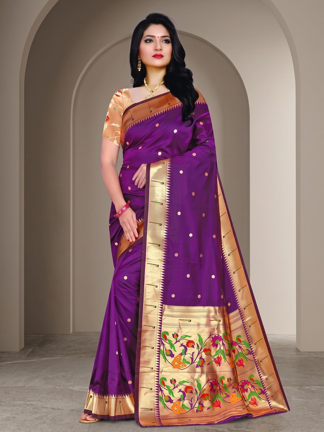 Peachmode Purple Pure Silk Peacock Woven Saree - Image 2