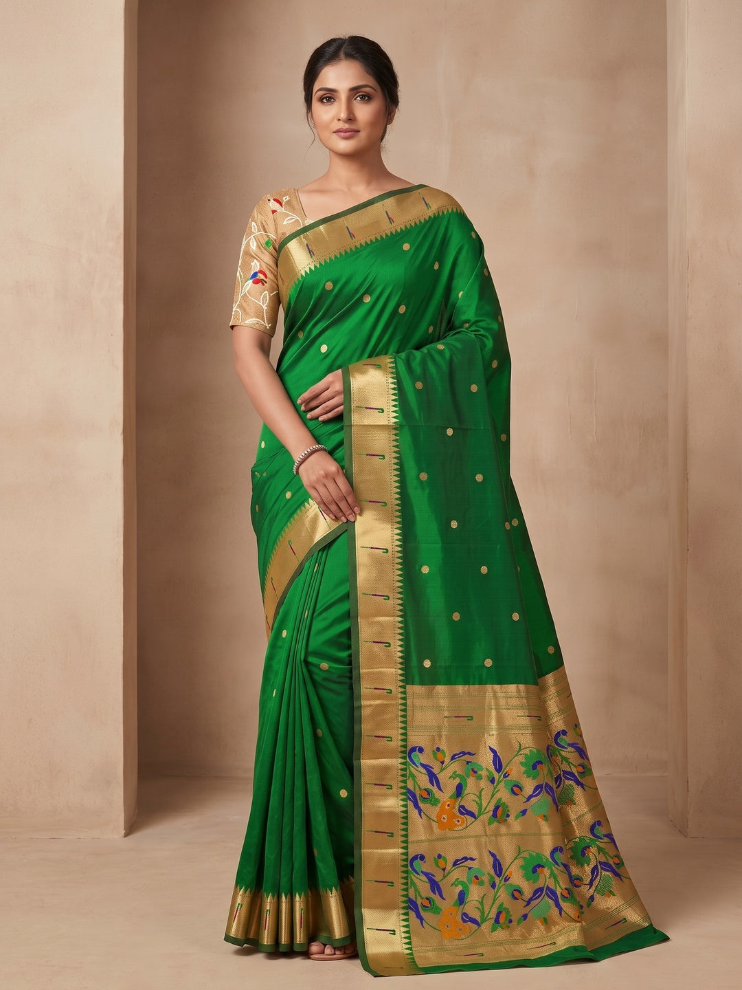 Peachmode Green Pure Silk Peacock Woven Saree - Image 2