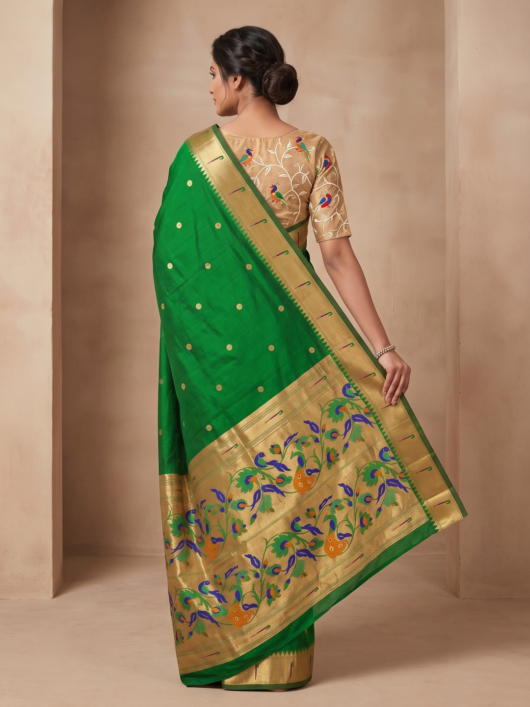 Peachmode Green Pure Silk Peacock Woven Saree - Image 5
