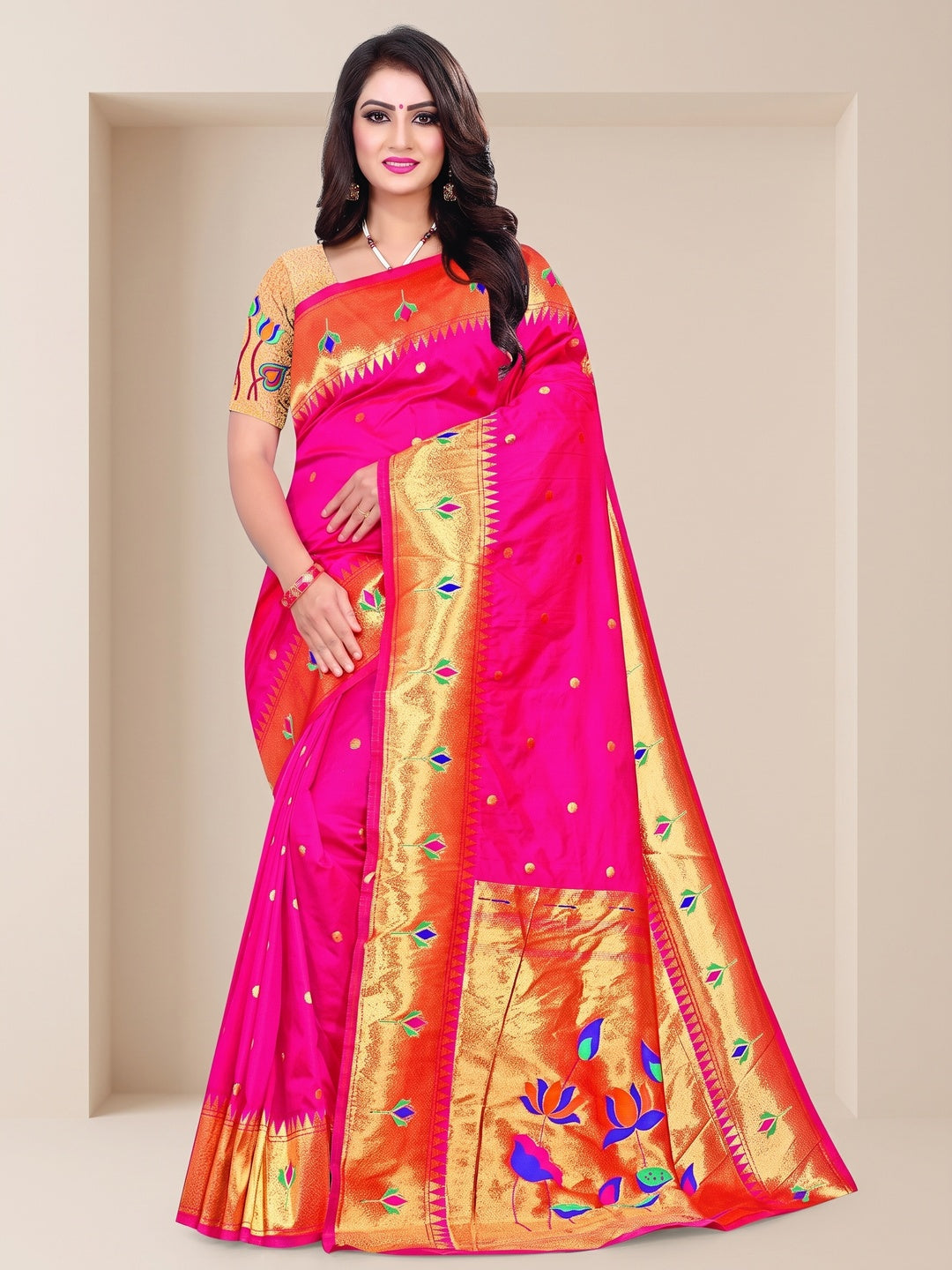 Peachmode Pink Pure Silk Lotus Woven Saree - Image 1