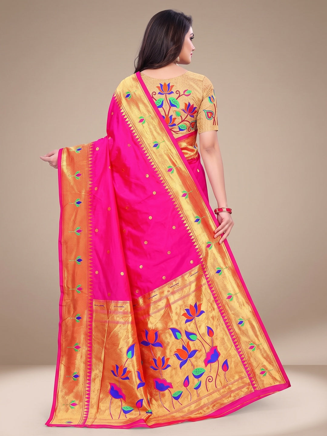 Peachmode Pink Pure Silk Lotus Woven Saree - Image 5