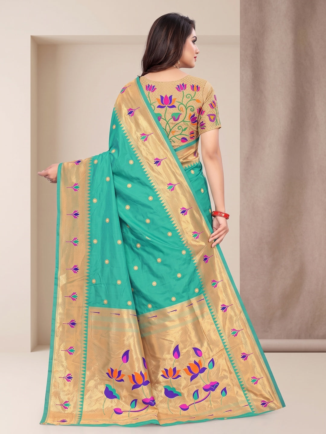 Peachmode Sea Green Pure Silk Lotus Woven Saree - Image 5