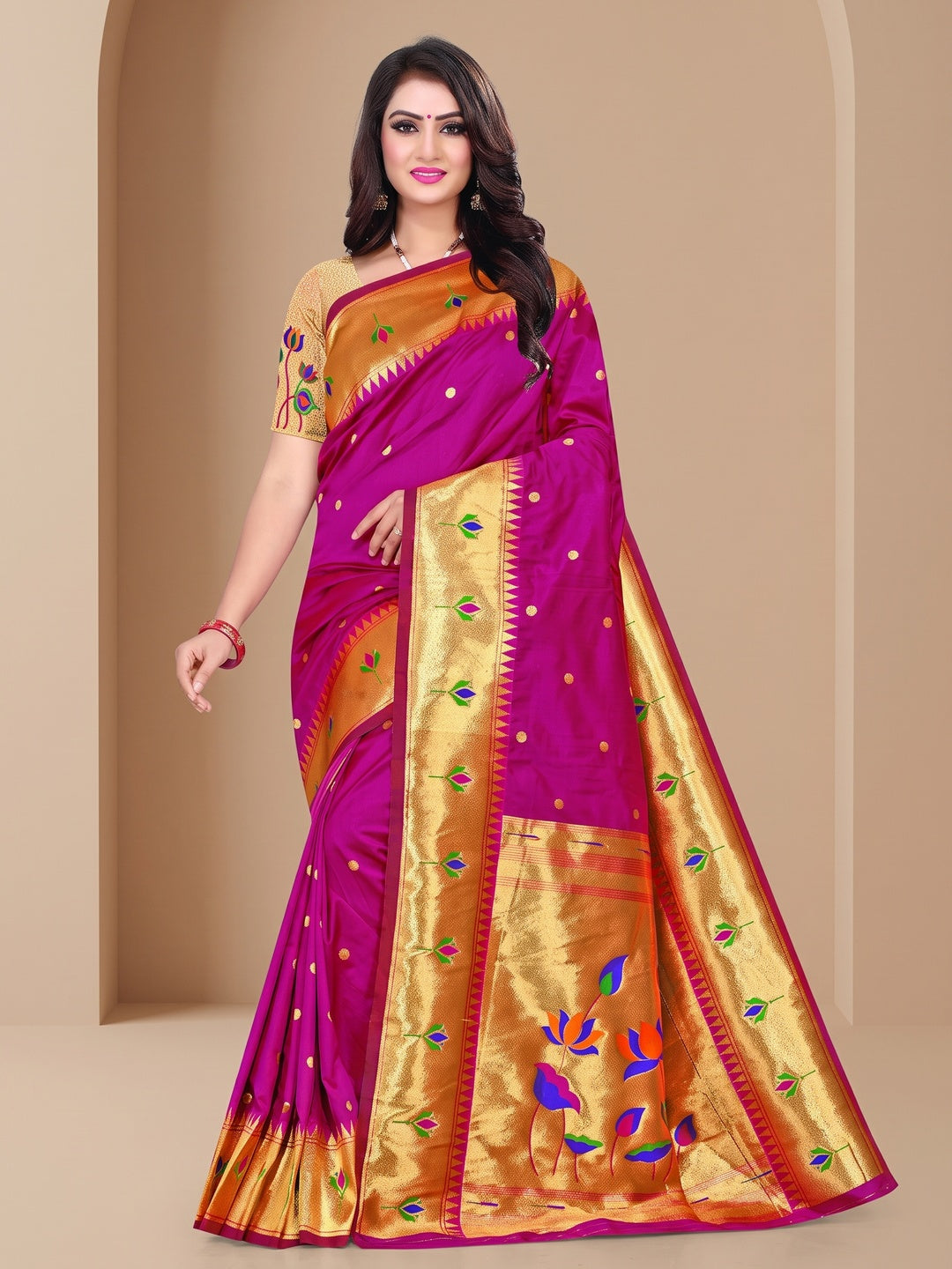 Peachmode Magenta Pure Silk Lotus Woven Saree - Image 1