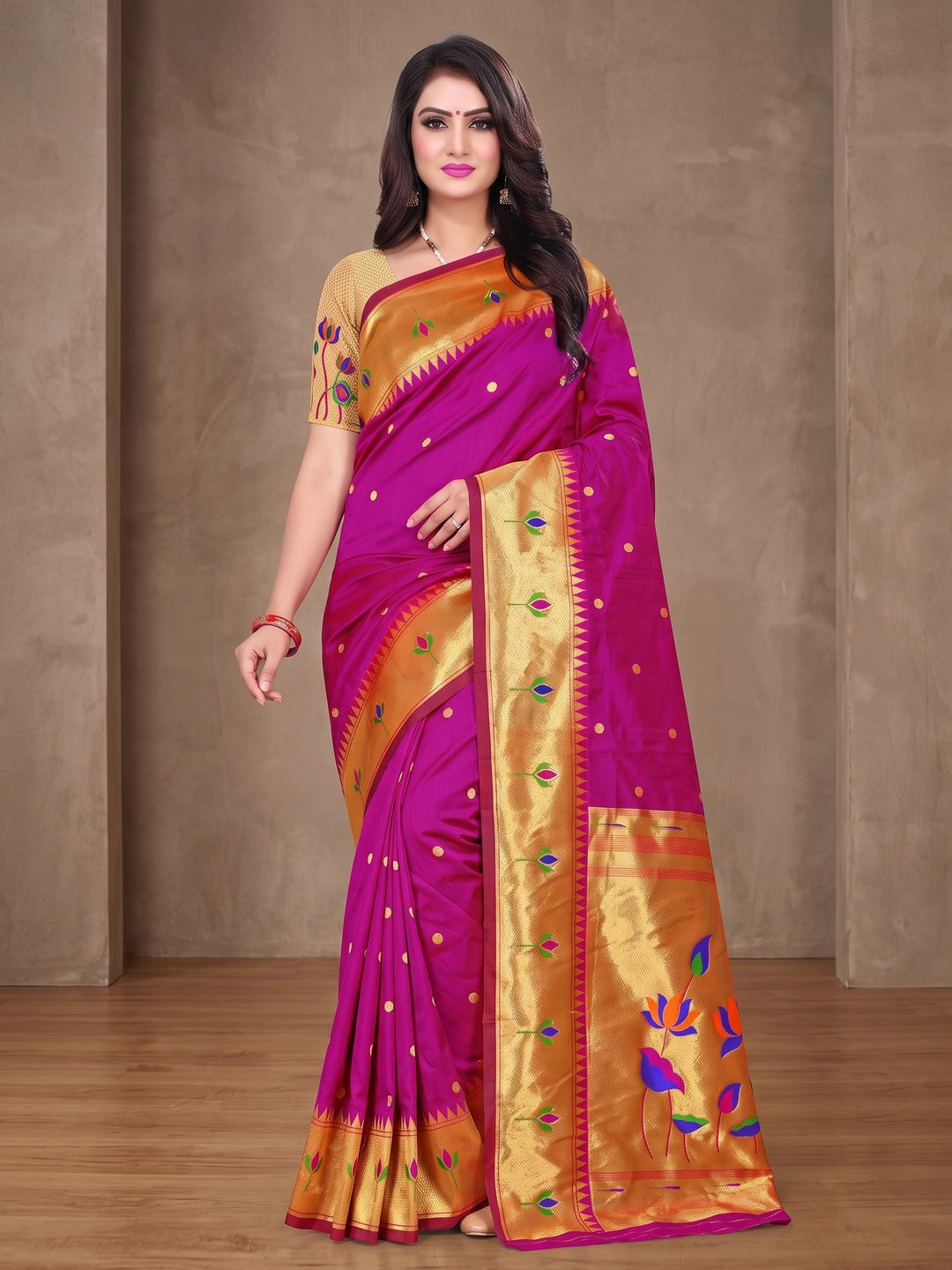 Peachmode Magenta Pure Silk Lotus Woven Saree - Image 2