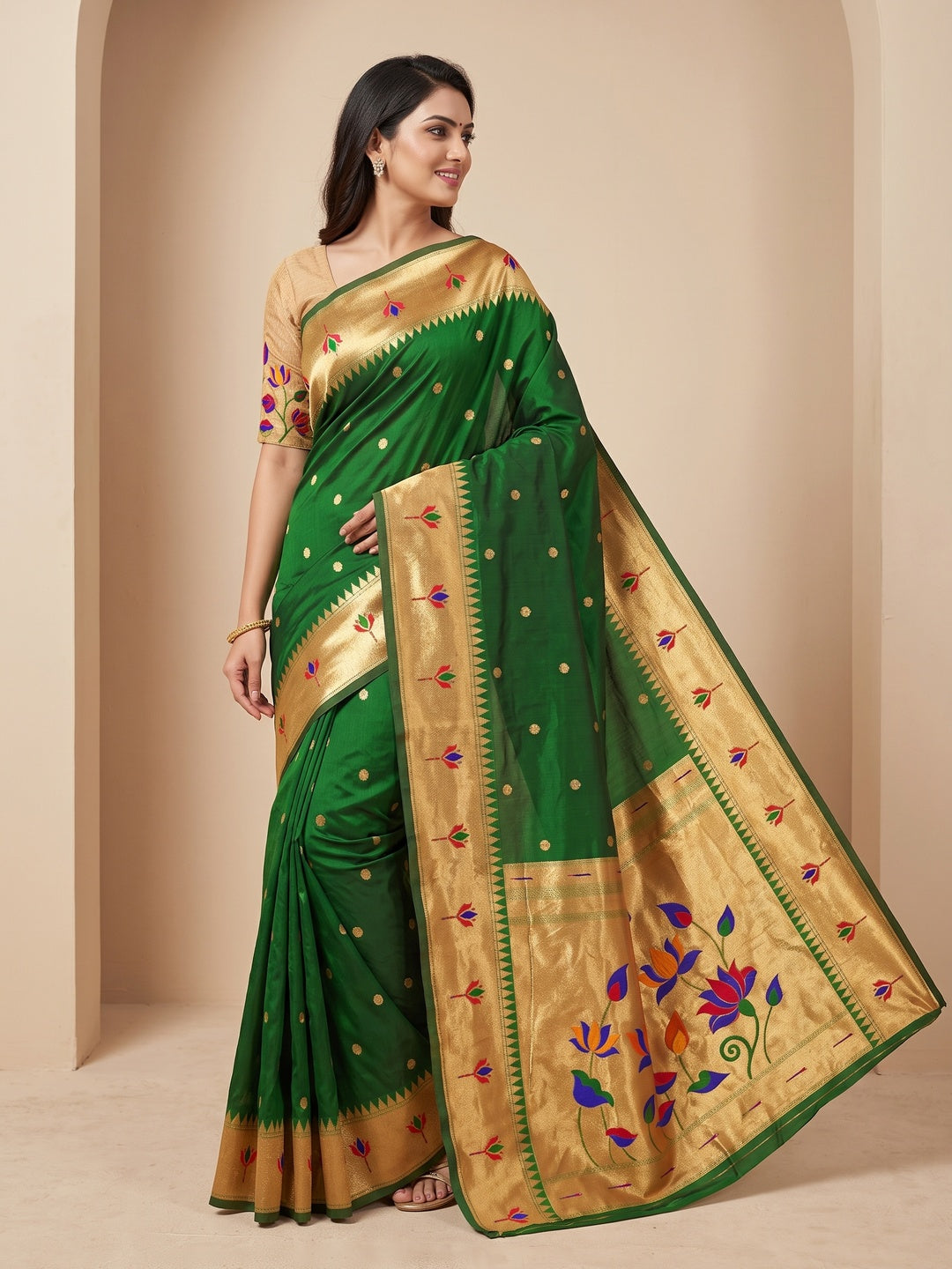 Peachmode Dark Green Pure Silk Lotus Woven Saree - Image 1