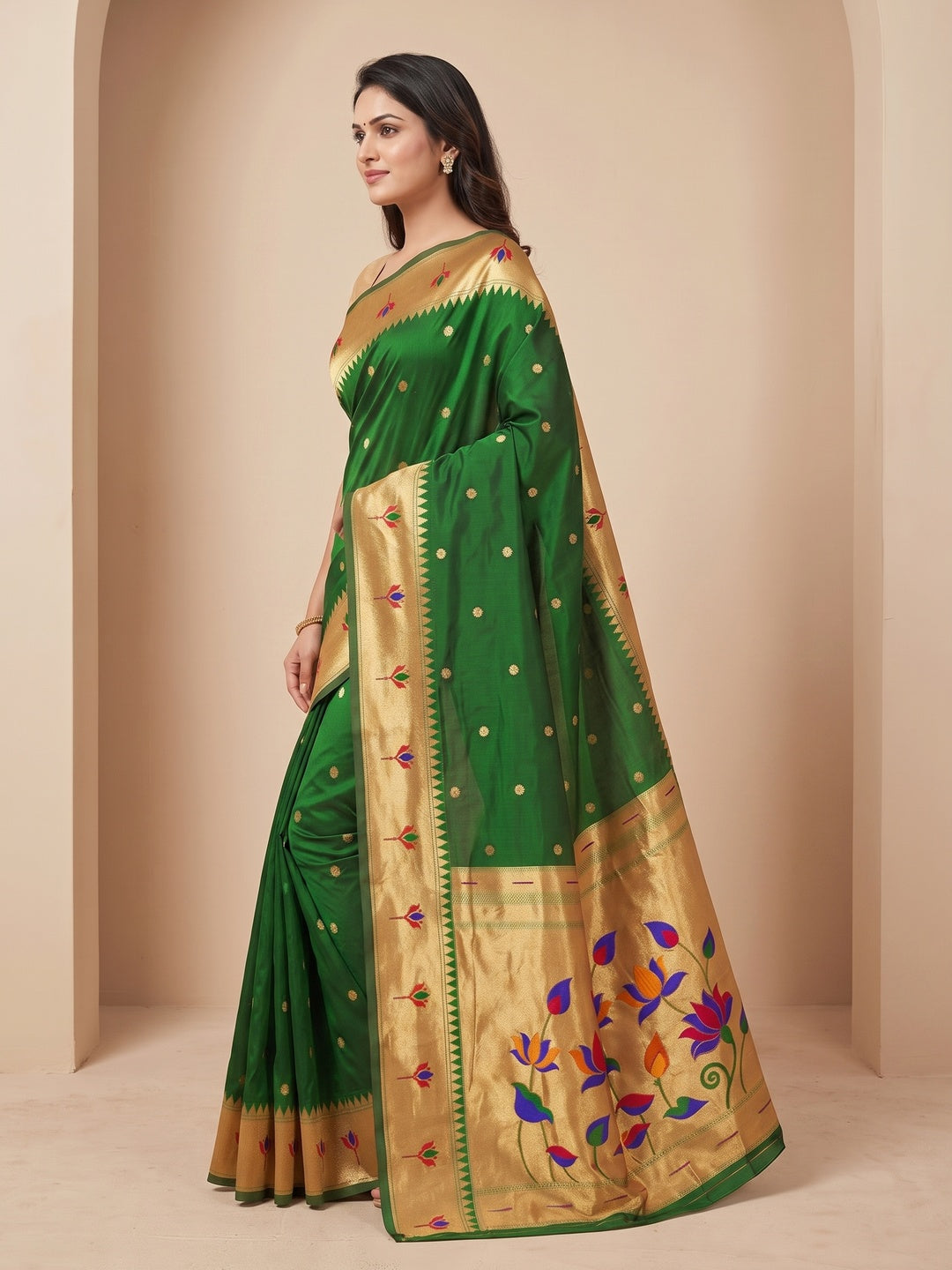 Peachmode Dark Green Pure Silk Lotus Woven Saree - Image 3