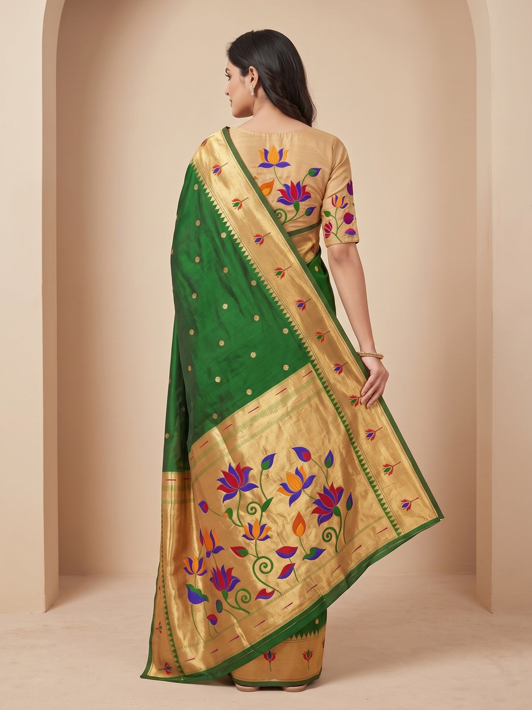 Peachmode Dark Green Pure Silk Lotus Woven Saree - Image 5