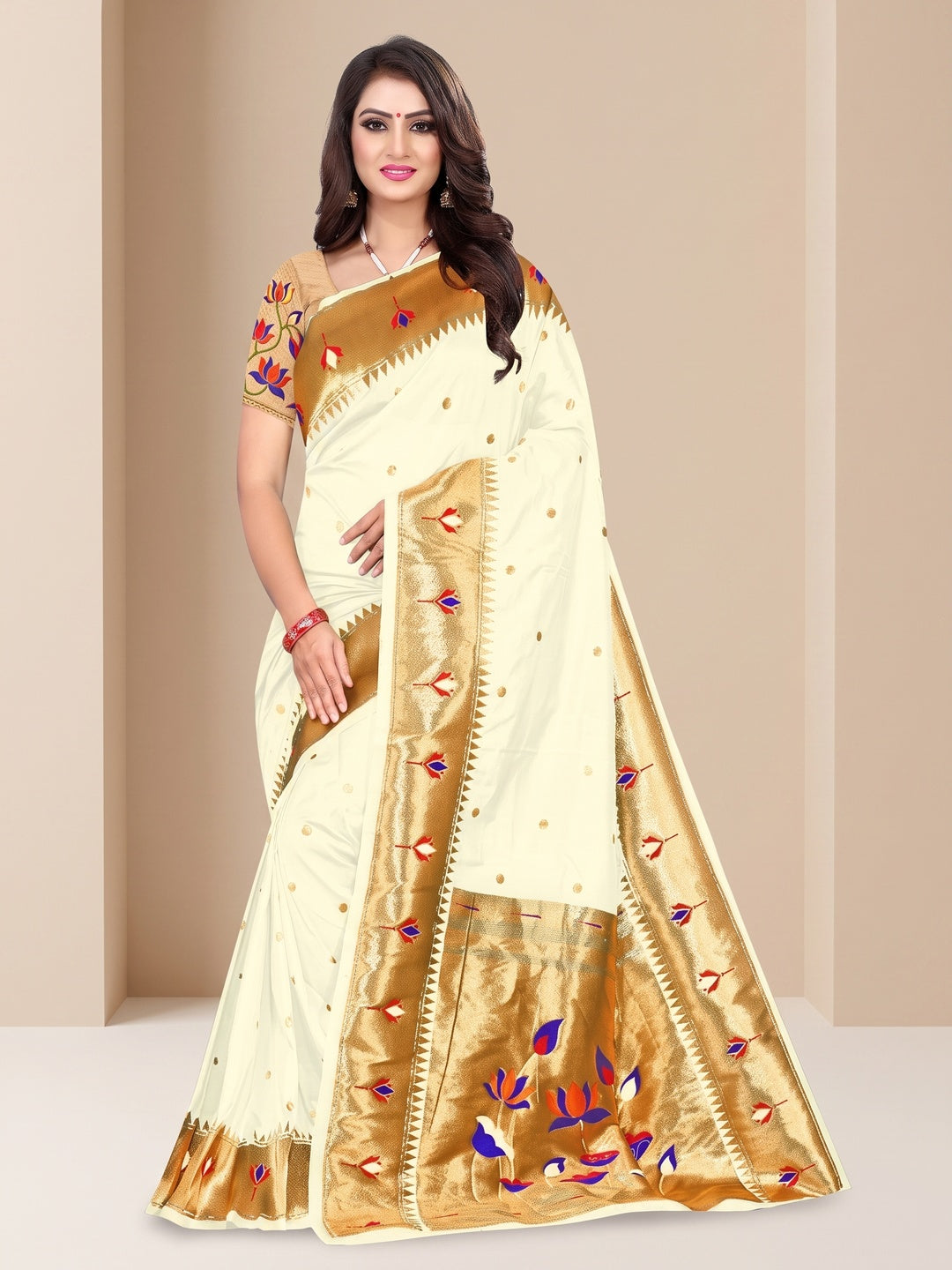 Peachmode Cream Pure Silk Lotus Woven Saree - Image 1