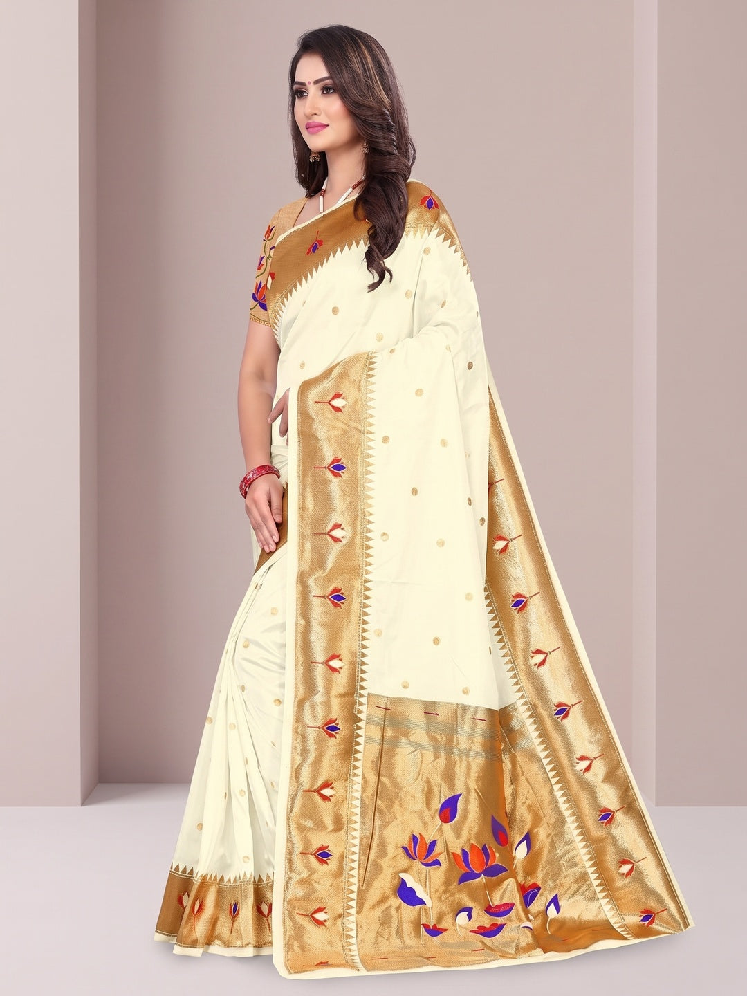 Peachmode Cream Pure Silk Lotus Woven Saree - Image 4