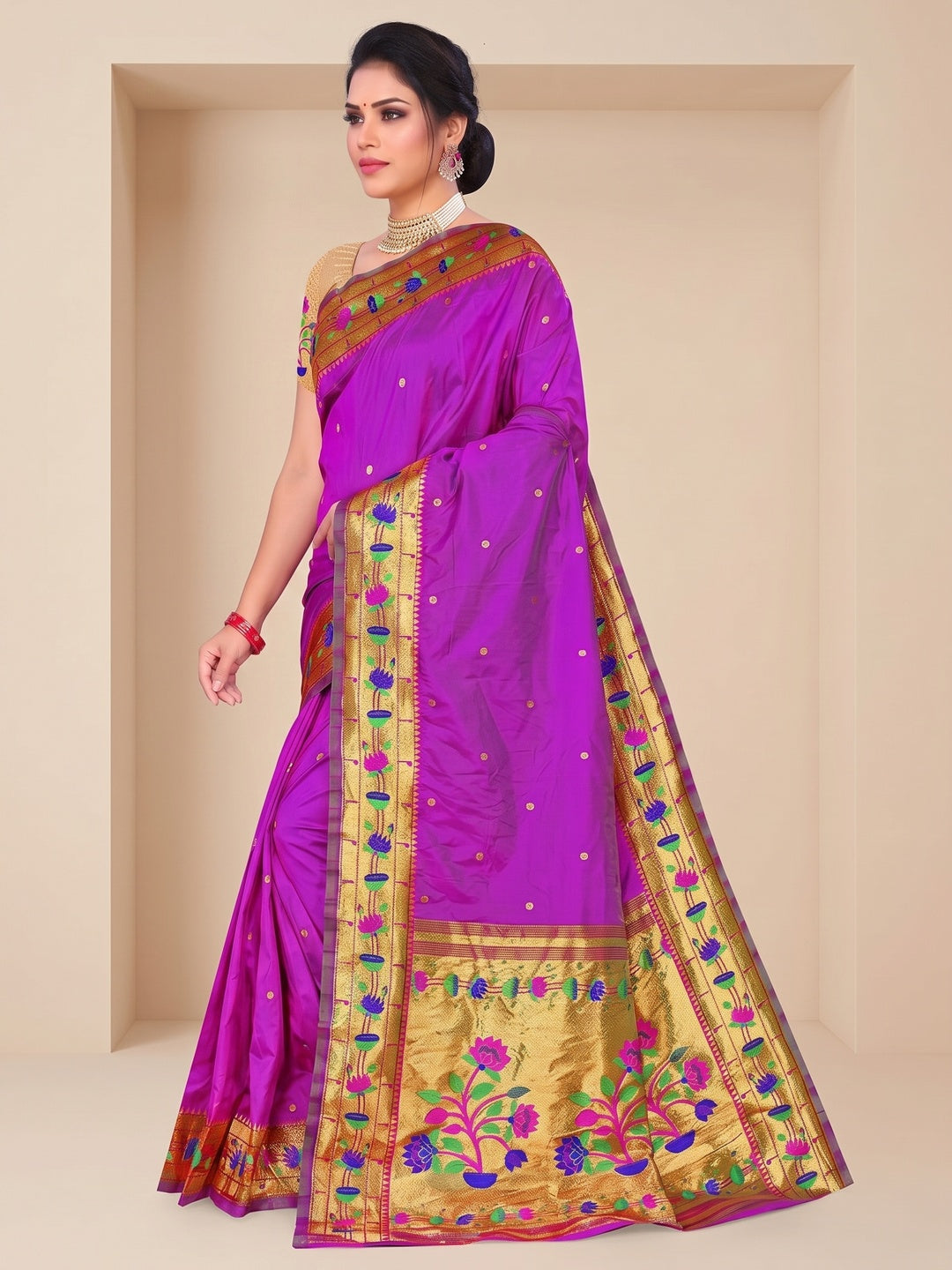 Peachmode Purple Pure Silk Floral Pot Woven Saree - Image 4