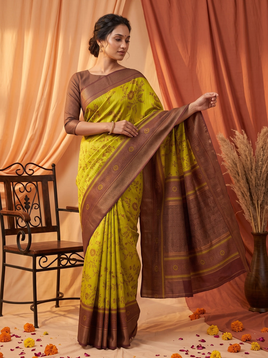 Peachmode Mustard Brown Dola Silk Zari Border Saree - Image 6
