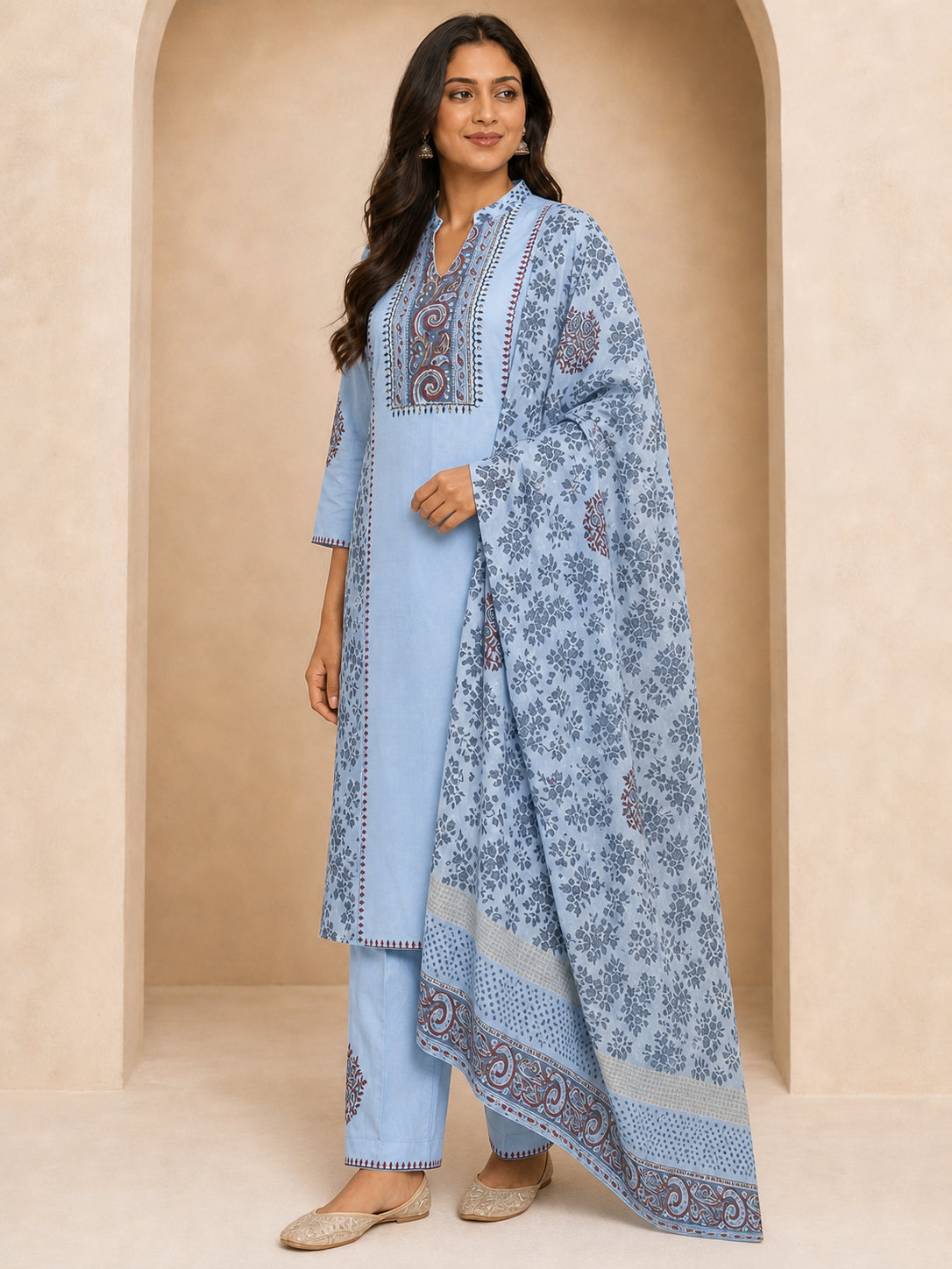 Peachmode Sky Blue Pure Cotton Paisley Embroidered Salwar Suit - Image 3