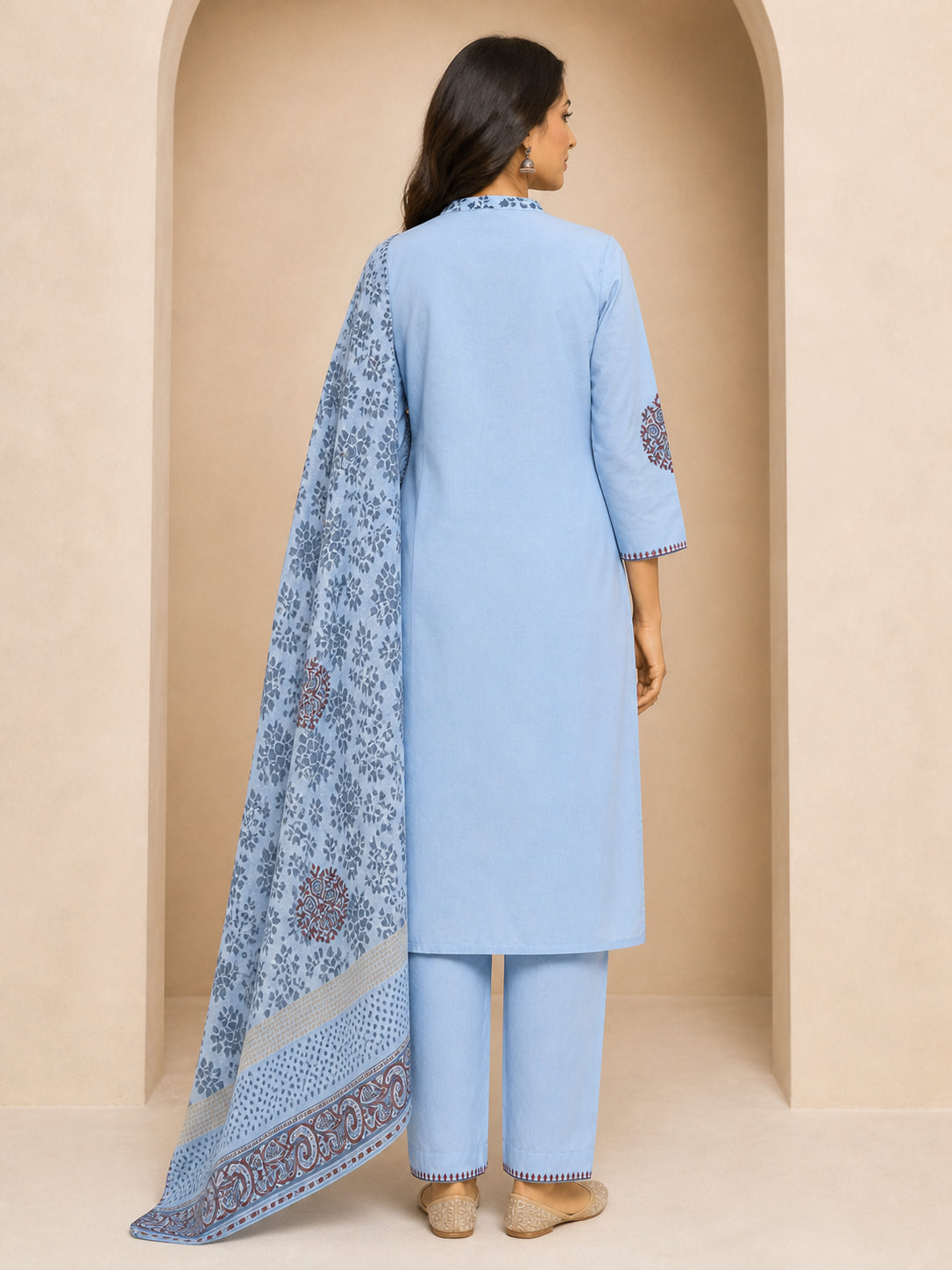 Peachmode Sky Blue Pure Cotton Paisley Embroidered Salwar Suit - Image 4