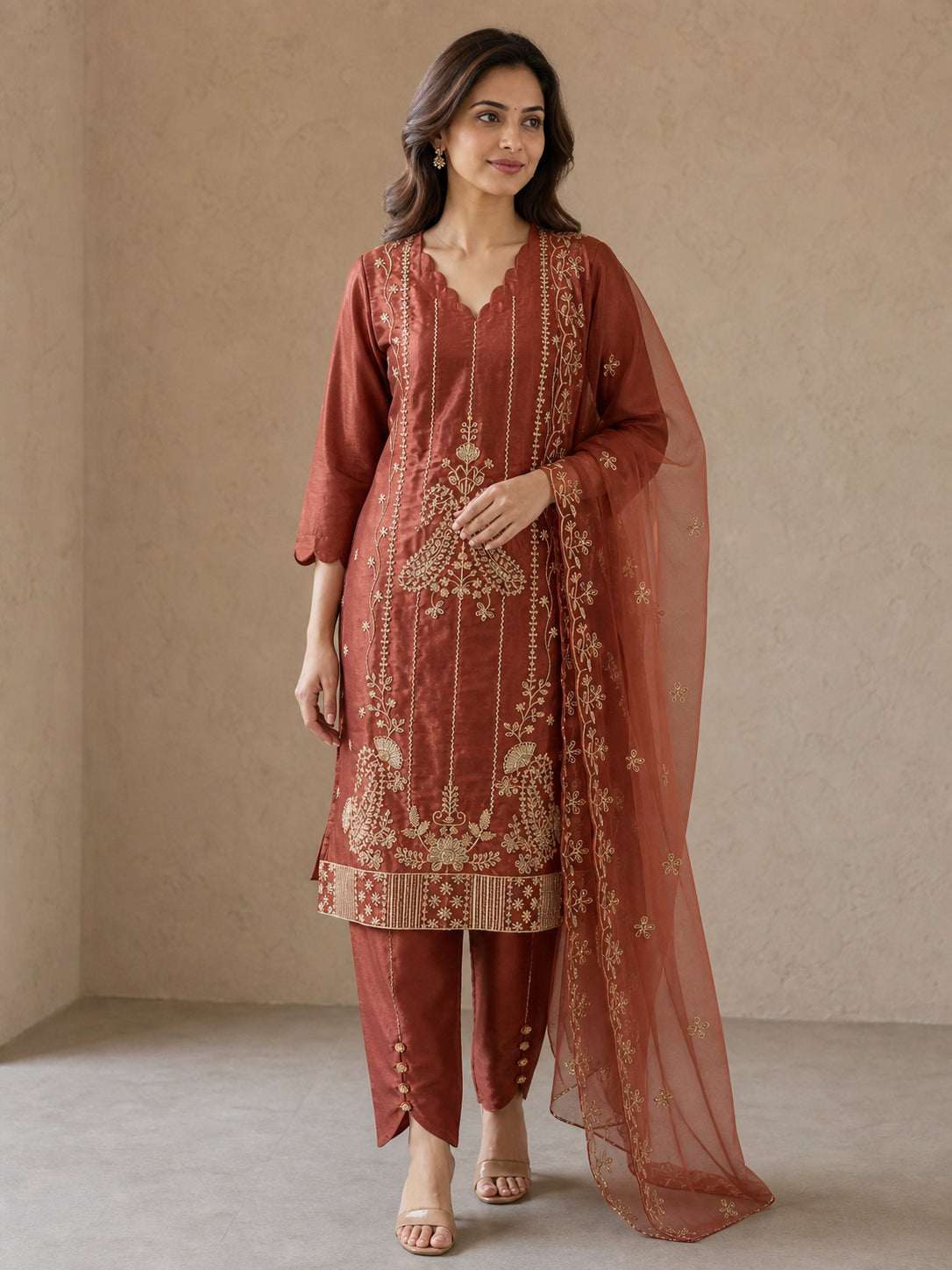Peachmode Rust Shimmer Peacock Embroidered Salwar Suit - Image 1