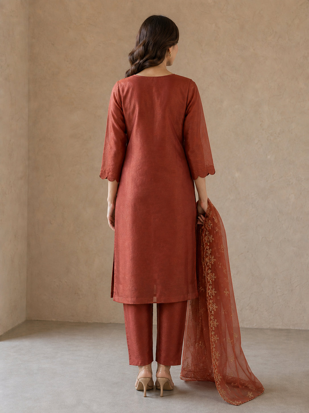 Peachmode Rust Shimmer Peacock Embroidered Salwar Suit - Image 4