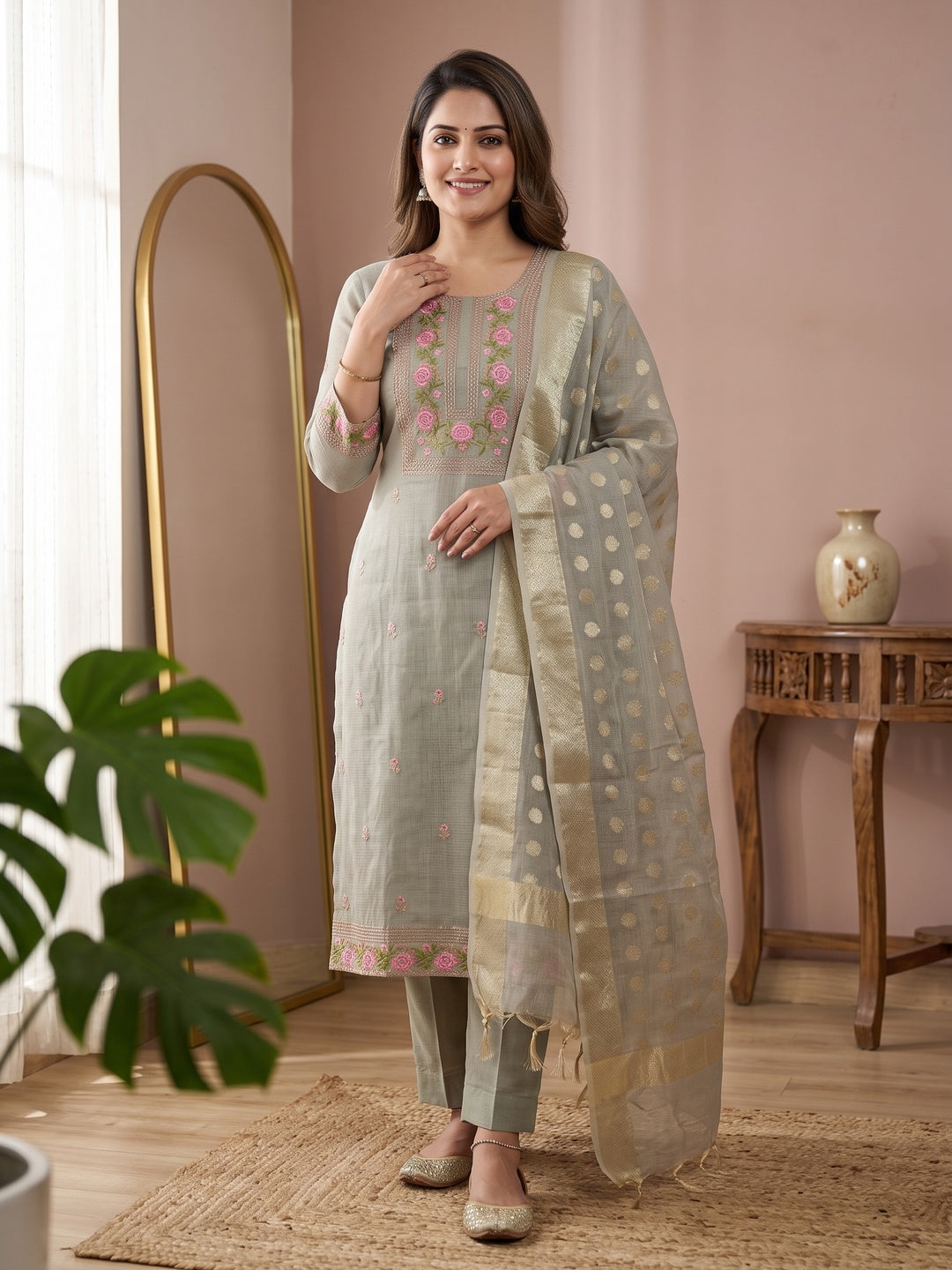 Charming Grey Kota Doria Banarasi Dress Material Enhanced With Fine Floral Threadwork Embroidery - Image 4