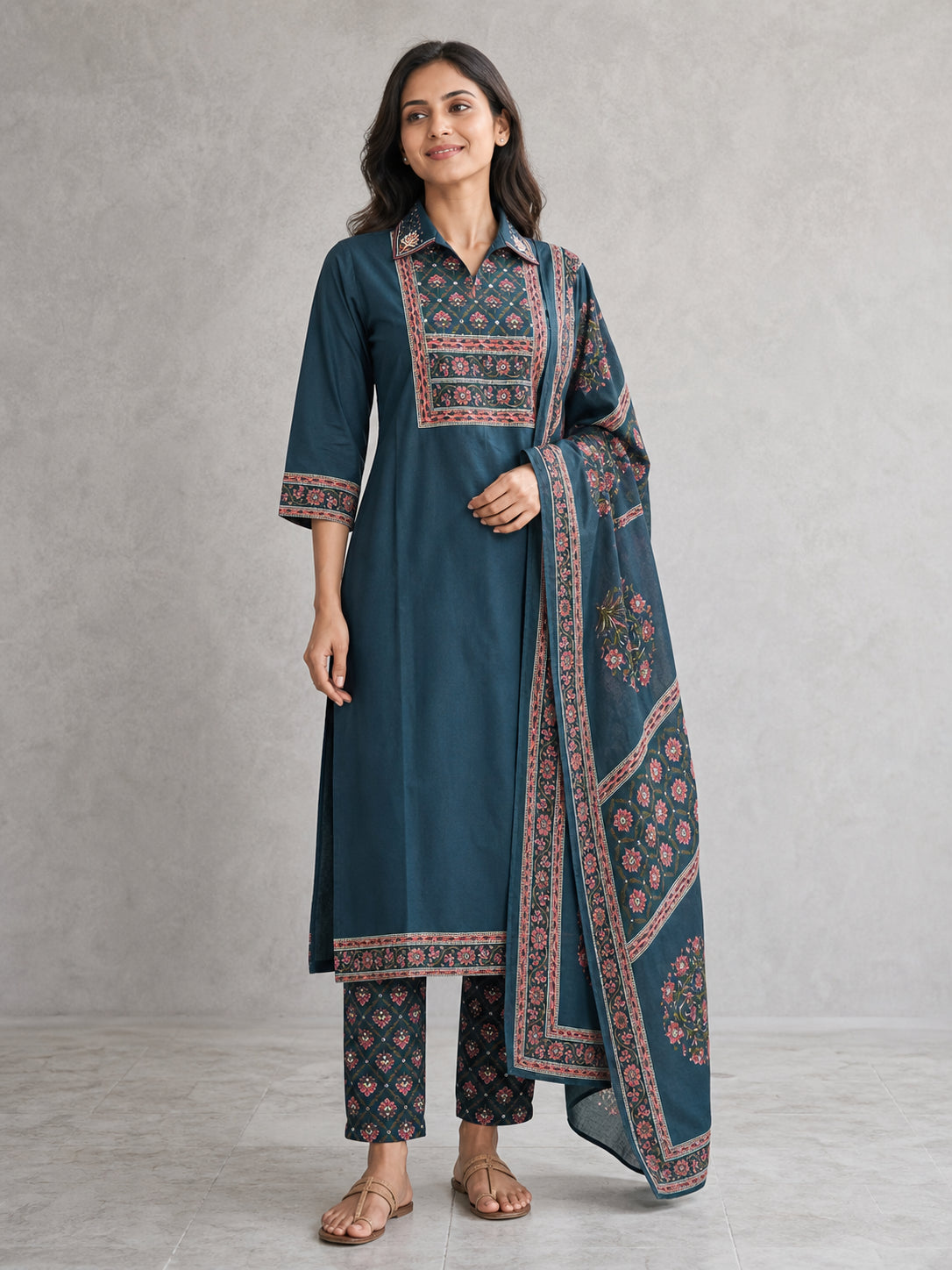 Peachmode Blue Pure Cotton Floral Yoke Embellished Salwar Suit - Image 1