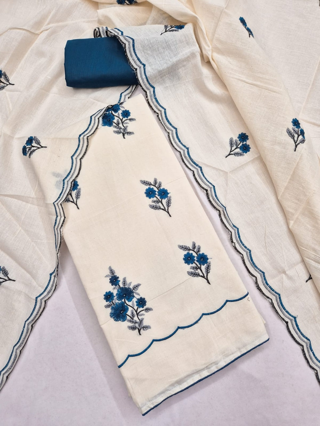 Peachmode Teal Floral Embroidered Cotton Dress Material - Image 3