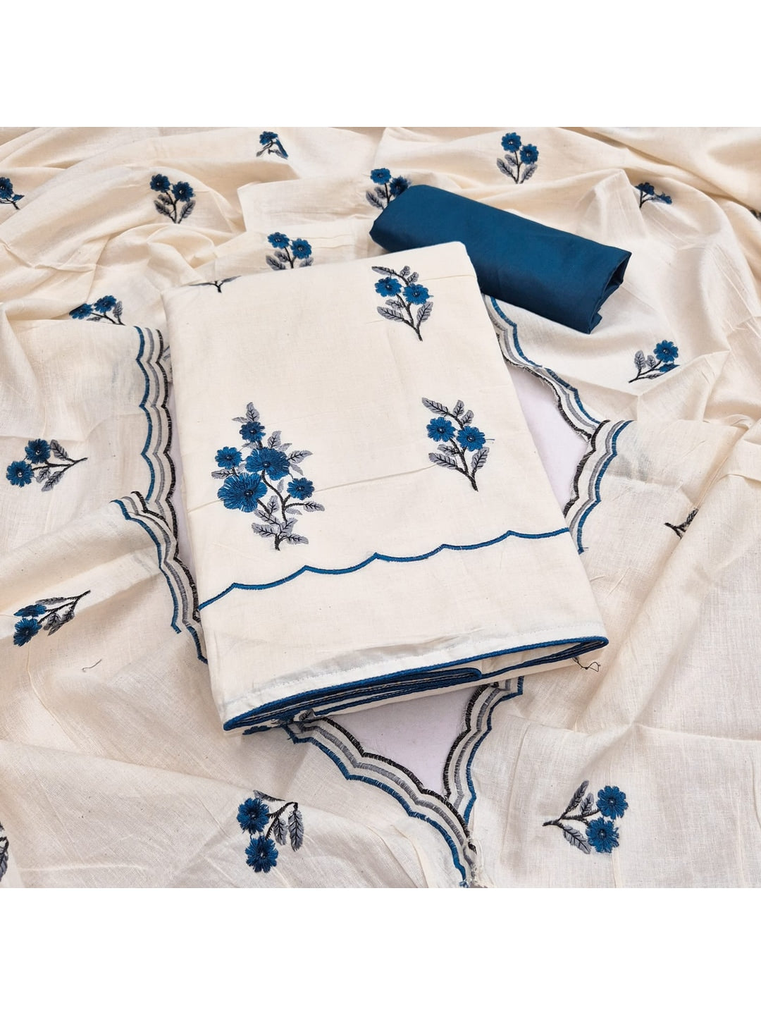 Peachmode Teal Floral Embroidered Cotton Dress Material - Image 4